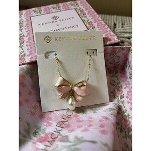 Kendra Scott x LoveShackFancy Pearl Drop Pink Bow Gold Charm Necklace NWT